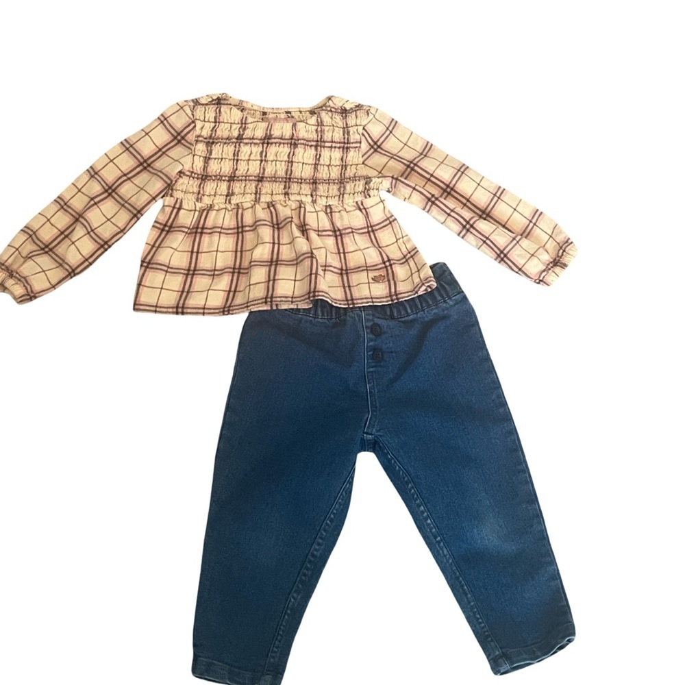 BCBG Girls Plaid Long Sleeve Top and Blue Jeans Set. Size:2T. Good Condition. - Picture 1 of 6